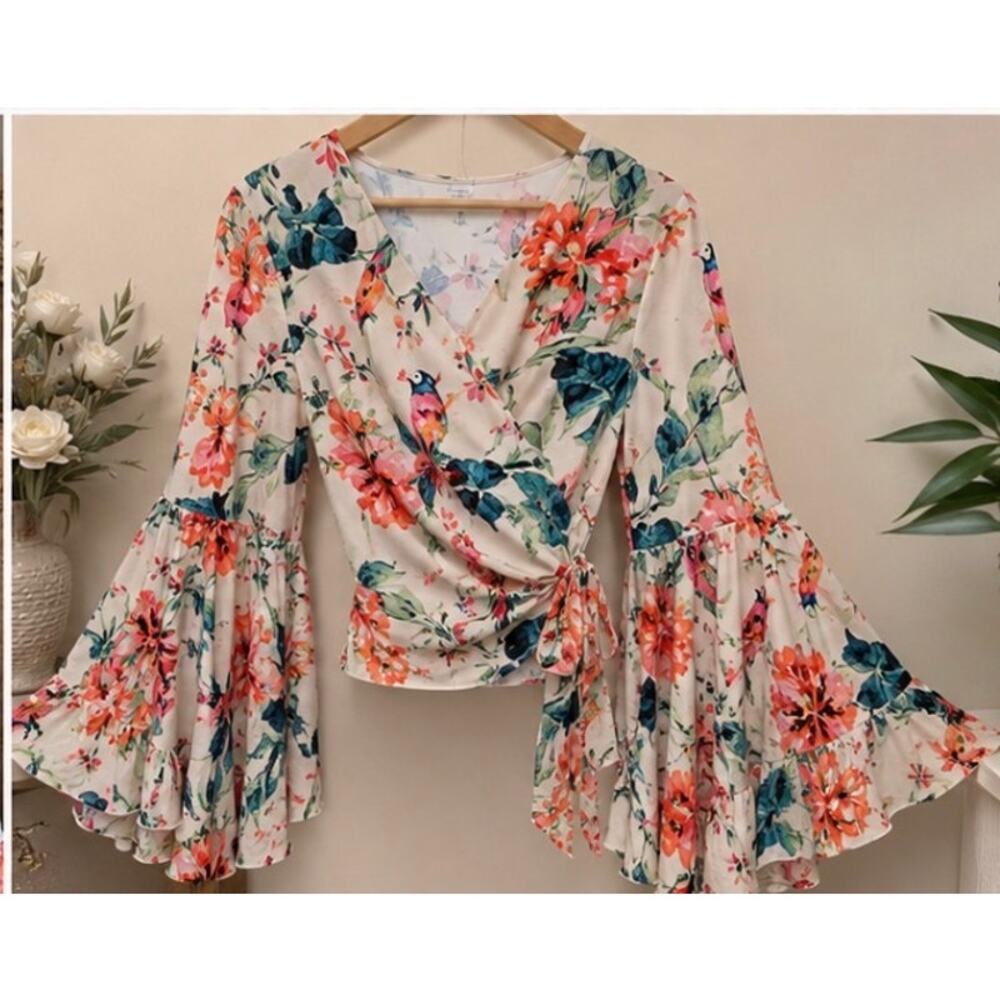 Floral Wrap Blouse Huge Flared Sleeves Tropical Bird Print Waist Length Top